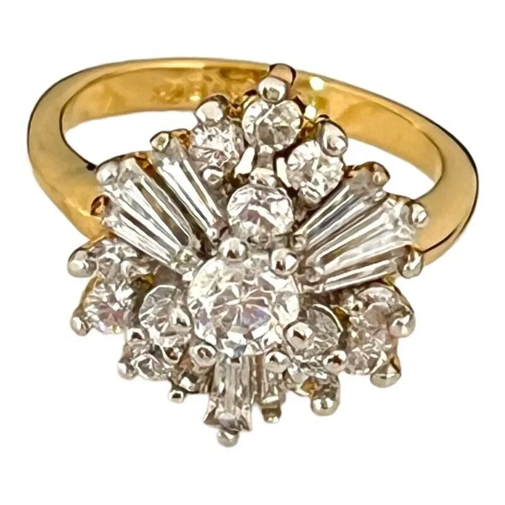 Vintage 1970s Ring Size 5 Uncas CZ Cluster Starburst Gold Plated - 14Q